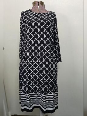 Tacera Black & White Shift Geometric 3/4 Sleeve Dress Size Small
